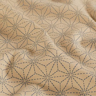 Tissu Coton imprimé Casual motif géométrique Bleu marine sur fond Beige - Par 10 cm