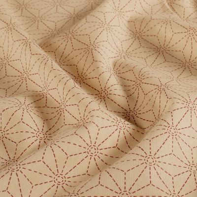 Tissu Coton imprimé Casual motif géométrique Bordeaux sur fond Beige - Par 10 cm