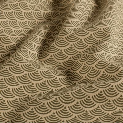 Tissu Coton imprimé Miyu éventails Vert olive sur fond Beige - Par 10 cm