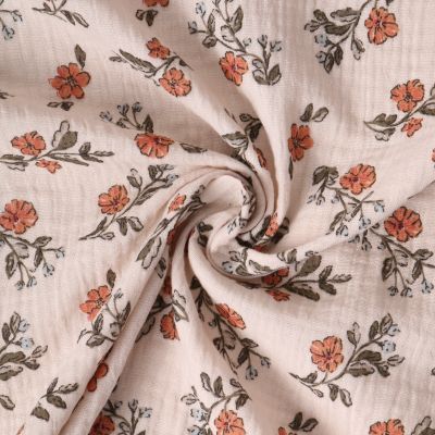 Tissu Double gaze de Coton Maëlysanne fleurs Oranges - Par 10 cm