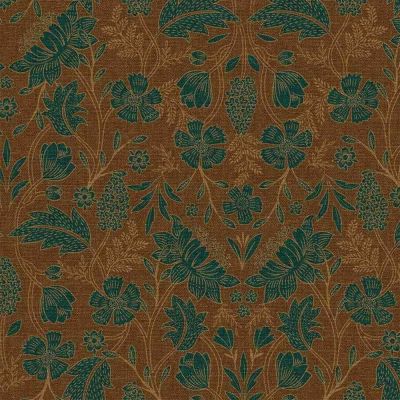 Coupon Tissu Toile Canvas Artemisia fleurs et feuilles Vertes sur fond Brun - Coupon de 20 cm