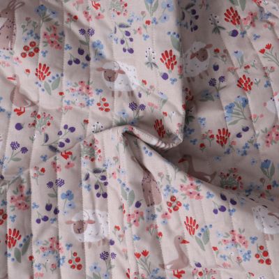 Coupon Tissu Matelassé Coton réversible  La Prairie Enchanté sur fond Vieux rose - Coupon de 40 cm