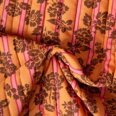 Tissu Matelassé Coton réversible  Paprika Blossom floral décoratif rétro sur fond Orange - Par 10 cm