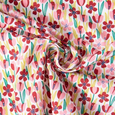 Tissu Coton imprimé Arty Gigi champs fleurs Rose et Marron sur fond Blanc - Par 10 cm