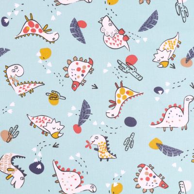 Tissu Coton imprimé Arty Gentils dinosaures Blancs, rouges et ocre sur fond Aqua - Par 10 cm