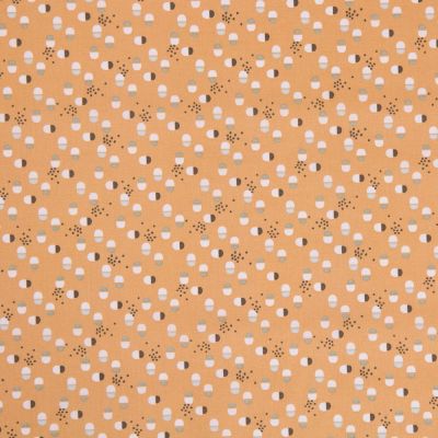 Tissu Coton Imprimé Arty Motifs Blancs, marrons et bleus sur fond Safran - Par 10 cm