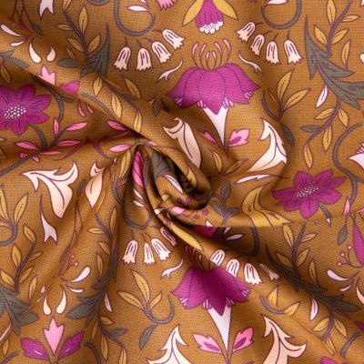 Tissu Toile de Coton Demi natté Alphonse fleuris sur fond Ocre - Par 10 cm