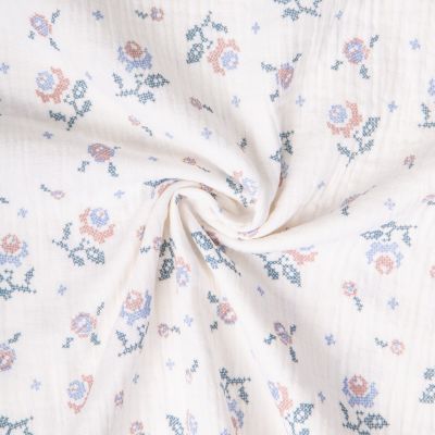 Tissu Double gaze de Coton Amina fleuris pastel sur fond Blanc cassé - Par 10 cm