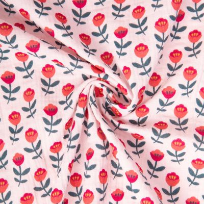 Tissu Double gaze de Coton Artiom fleuris rose sur fond Rose pâle - Par 10 cm