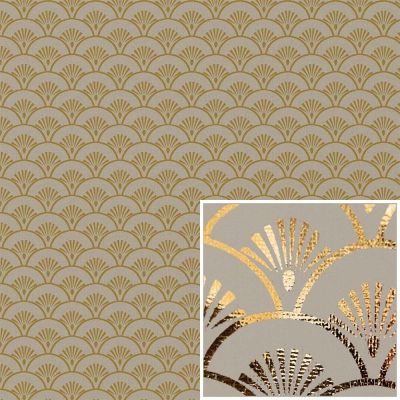 Coupon Tissu Canvas effet Lin Eventails dorés sur fond Naturel - Coupon de 20 cm