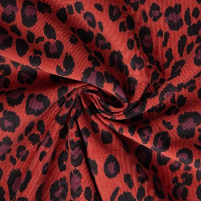 Tissu Velours milleraies imprimé Azara léopard noir sur fond Terracotta - Par 10 cm