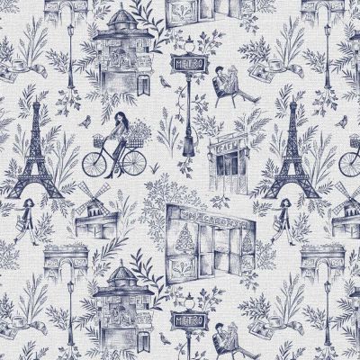 Coupon Tissu Toile de Coton Paris Bleu sur fond Blanc - Coupon de 200 cm
