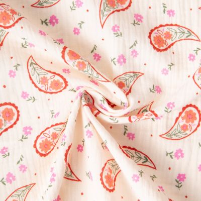 Tissu Double gaze de Coton Bandana petites fleurs Rouge sur fond Ecru - Par 10 cm