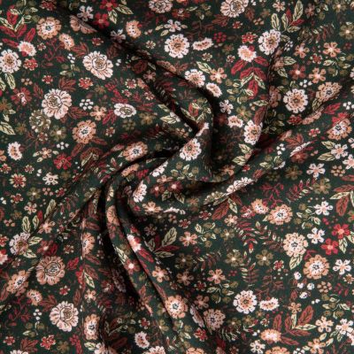 Tissu Viscose imprimé Barbie fleuris vert et rose sur fond Vert foncé - Par 10 cm