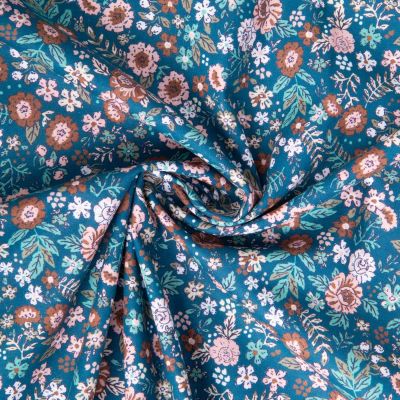 Tissu Coton imprimé Arty Barjay fleuris bleu et marron sur fond Bleu - Par 10 cm