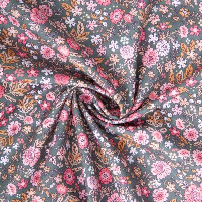 Tissu Coton imprimé Arty Barjay fleuris kaki et rose sur fond Gris - Par 10 cm