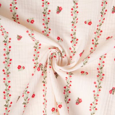 Tissu Double gaze de Coton Berenice fleuris sur fond Ecru - Par 10 cm