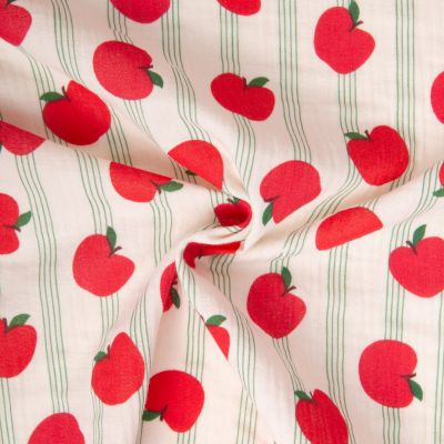 Tissu Double gaze de Coton Bigapple pommes rouges sur fond Ecru - Par 10 cm