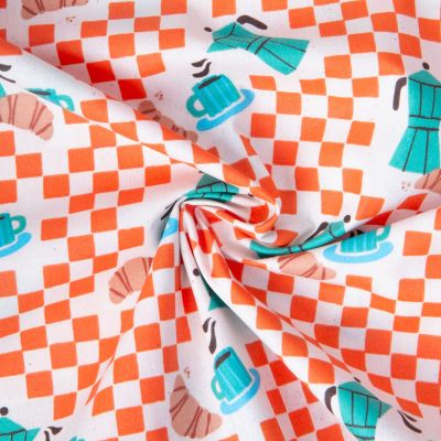 Tissu Coton Enduit Café et carreaux oranges sur fond Blanc - Par 10 cm