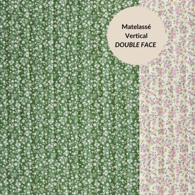 Tissu Matelassé Coton réversible Suzette sur fond Vert - Par 10 cm
