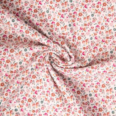 Tissu Double gaze de Coton Caseille fleuris rose sur fond Blanc - Par 10 cm