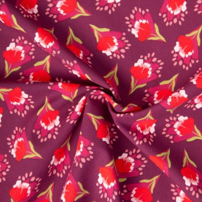 Tissu Coton imprimé Arty Clover rouge sur fond Bordeaux - Par 10 cm
