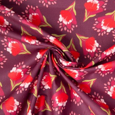 Tissu Coton Enduit Clover fleuris sur fond Bordeaux - Par 10 cm