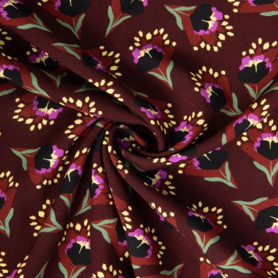 Tissu Viscose imprimé Arty Clover fleuris sur fond Marron chocolat - Par 10 cm