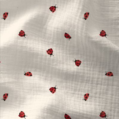 Tissu Double gaze Coton Coccinelles rouges sur fond Blanc cassé - Par 10 cm