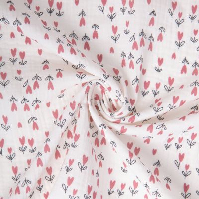 Tissu Double gaze de Coton Coudkeur fleuris rose sur fond Blanc cassé - Par 10 cm