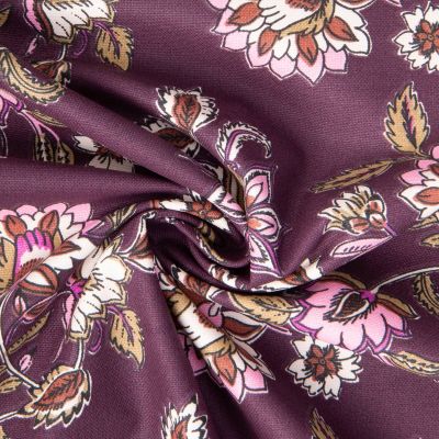 Tissu Toile de Coton Demi natté Daman floral sur fond Aubergine - Par 10 cm