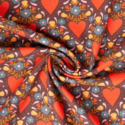 Tissu Coton imprimé Arty Danyl coeur fleuris rouge et bleu sur fond Marron chocolat - Par 10 cm
