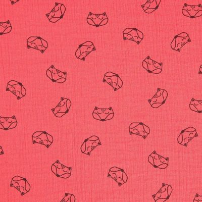 Coupon Tissu double gaze de coton Renards noirs sur fond Corail - Coupon de 20 cm