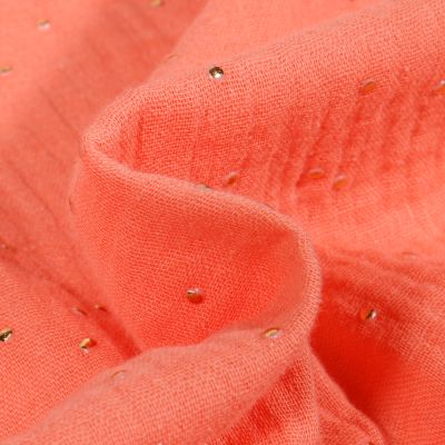Coupon Tissu Double gaze Baya Pois dorés sur fond Melon - Coupon de 50 cm