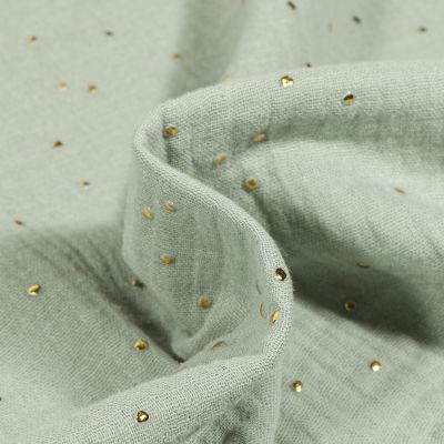Coupon Tissu Double gaze Baya Pois dorés sur fond Vert d&#039;eau - Coupon de 30 cm