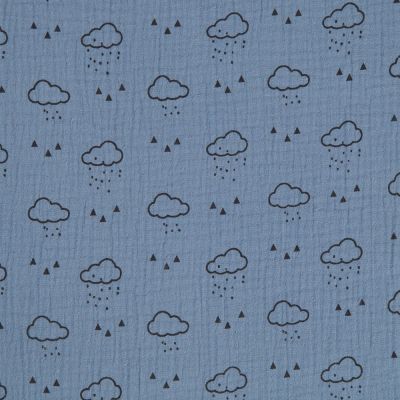 Coupon Tissu double gaze de coton Nuages noirs sur fond Bleu jean - Coupon de 10 cm