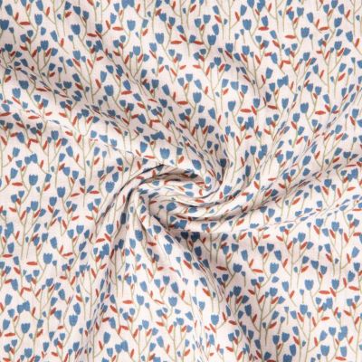 Tissu Double gaze de Coton Diletta fleuris bleu sur fond Blanc cassé - Par 10 cm