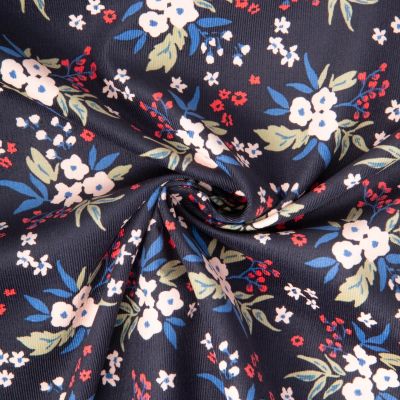 Tissu Velours milleraies imprimé Dima fleuris bleu sur fond Bleu marine - Par 10 cm