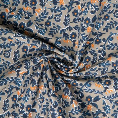 Tissu Coton imprimé Arty Ekhmet fleuris bleu sur fond Gris - Par 10 cm