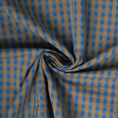 Tissu Seersucker Coton Eli Carreaux bronze sur fond Bleu cobalt - Par 10 cm