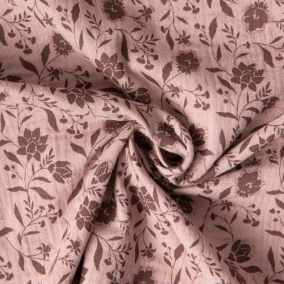 Tissu Double gaze de Coton Fleuris Eve sur fond Vieux rose - Par 10 cm