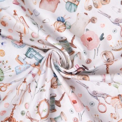 Tissu Coton imprimé digital Arty fanfreluche couture sur fond Blanc - Par 10 cm