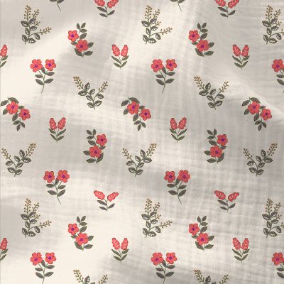 Tissu Double gaze Coton Fergie fleuris sur fond Blanc cassé - Par 10 cm