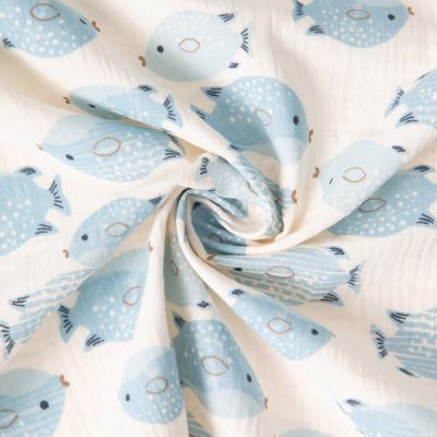 Tissu Double gaze de Coton Poissons bleus pastels sur fond Ecru - Par 10 cm