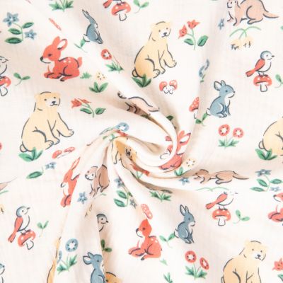 Tissu Double gaze de Coton Foresta animaux de la forêt sur fond Ecru - Par 10 cm