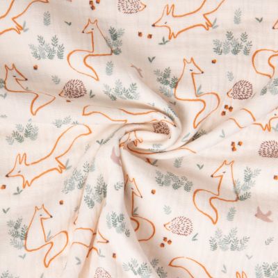Tissu Double gaze de Coton Fox renard Ecru et orange sur fond Ecru - Par 10 cm