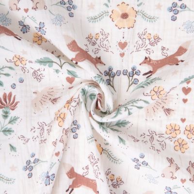 Tissu Double gaze de Coton Garina Fleuris et renard sur fond Blanc - Par 10 cm