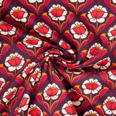 Tissu Velours milleraies imprimé Hoko fleuris sur fond Bordeaux - Par 10 cm