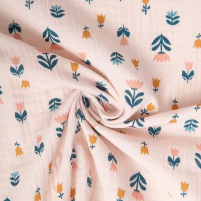 Tissu Double gaze de Coton Holland fleuris sur fond Ecru - Par 10 cm