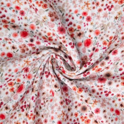 Tissu Double gaze de Coton digital Hortense fleuris Rouge et beige sur fond Blanc - Par 10 cm